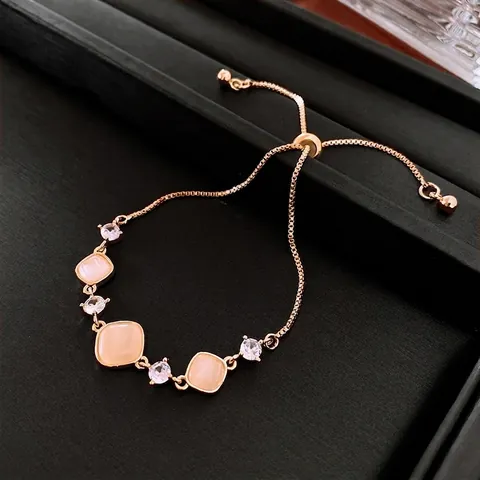 Adjustable Bolo Bracelet Copper With Square Cat's Eye Stone And Round White Zircon Elegant Fashion Jewelry For Women