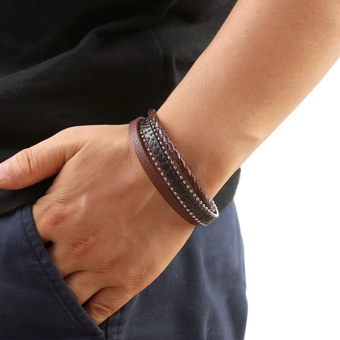 Herren Geflochtenes Lederarmband Mit Edelstahl Magnetverschluss Mehrlagig Retro Schmuck