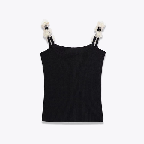 Women Knitted Camisole Tank Top Slim Fit Ribbed With 3D Flower Straps Sexy Sweet Summer Crop Top