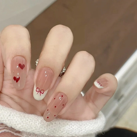 Press On Nails Almond Shape French Style Red Heart Bow Dot Patterns Sweet Fashionable Artificial Nails For Women