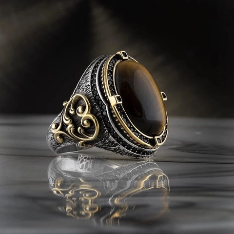 Vintage Ring Copper Snake Design Black Agate Geometric Gothic Ethnic Open Adjustable Band Jewelry For Men