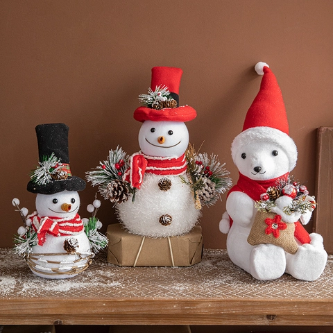 Décorations De Noël Ours Polaire Blanc Bonhomme De Neige Figurine En Mousse Peluche Avec Chapeau Rouge Écharpe Pour Table
