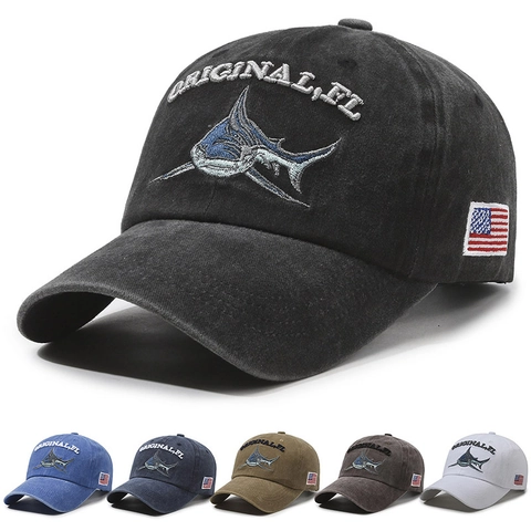Washed Cotton Distressed Baseball Cap Vintage Shark Embroidery Adjustable Sun Protection Hat For Men Women Outdoor Casual