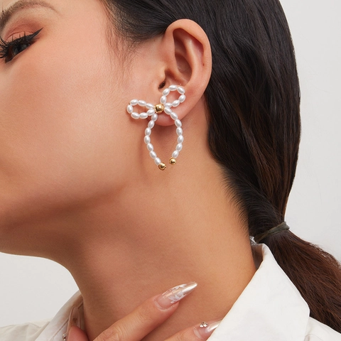 French Style Bow Artificial Pearl Stud Earrings Alloy Tassel Dangle Elegant Vintage Jewelry For Women
