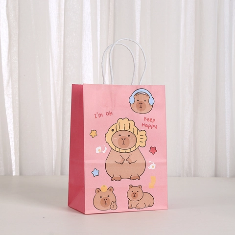 Cute Capybara Cartoon Kraft Paper Gift Bags With Handles For Birthday Party Shopping Cute Healing Style Tote