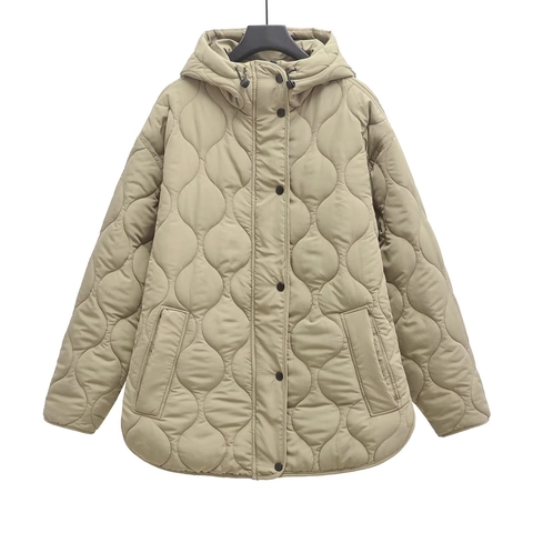 Damen Gesteppte Kapuzenjacke Baumwolle Wattierter Mantel Wellenstruktur Knopfverschluss Warm Lässig Locker Oberbekleidung