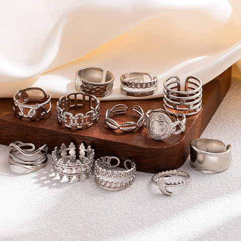 Vintage Stainless Steel Adjustable Open Ring For Women Retro Bohemian Crown Moon Heart Multi Layer Fashion Jewelry