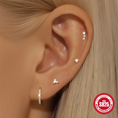 925 Sterling Zilver Geometrische Zirconia Oorbellen Voor Vrouwen Verguld Ingelegde Minimalistische Mode Oorknopjes Ring Oorbellen Sieraden