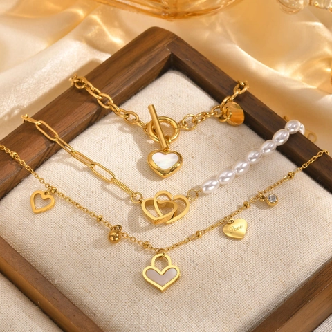 Pulsera Con Colgante De Corazón De Acero Inoxidable Para Mujer Con Incrustaciones De Concha E Imitación De Perla Artificial Joyería De Moda Estilo Vintage