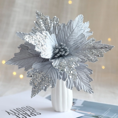 Large Artificial Christmas Poinsettia Flower With Glitter Sequins Fabric Festive Floral Ornament For Home Party Decoration