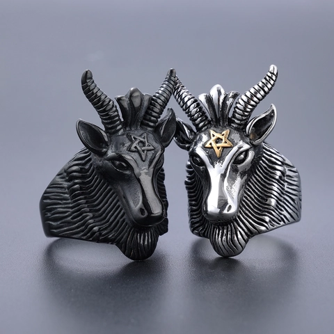 Anello Testa Di Capra Baphomet Uomo Acciaio Inossidabile 316L Pentagramma Gotico Punk Retro Gioielli Satanici