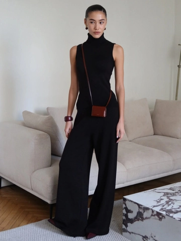 Women Knit High Neck Sleeveless Tank Top And Wide Leg Pants Solid Color Casual Minimalist Streetwear Outfits Fashion
