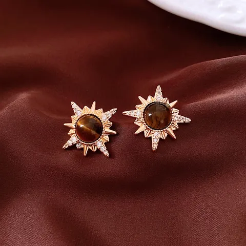 Tiger Eye Sunburst Stud Earrings With 925 Sterling Silver Earring Post 18K Gold Plated Retro Round Jewelry For Women