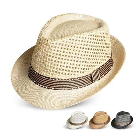 Straw Fedora Hat Hollow Woven Breathable Summer Sun Protection Beach Travel British Style Striped Band