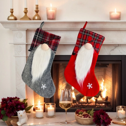 Christmas Stockings Gnome Faceless Doll Plaid Snowflake Felt Hanging Gift Bag Party Holiday Decor