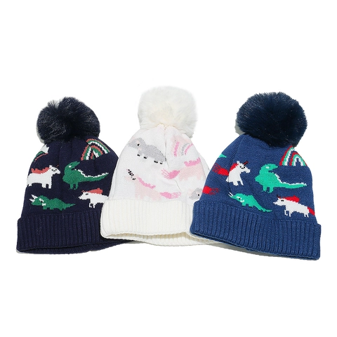 Kids Winter Knitted Hat Cute Dinosaur Unicorn Jacquard Fleece Lined Warm Beanie With Pom Pom