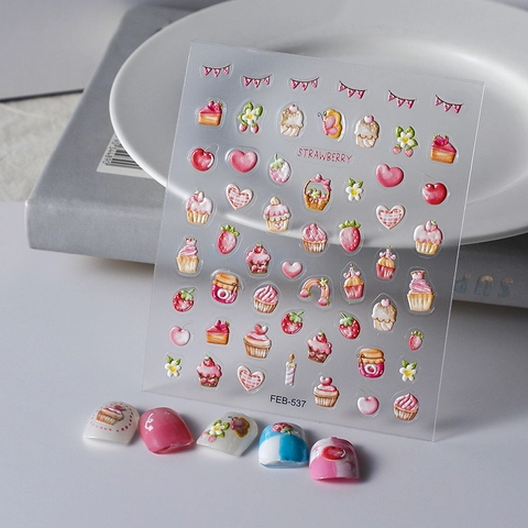 Autocollants Ongles Relief 5D Ultra Mince Imperméable Décalcomanies Auto-Adhésifs Fraise Boulangerie Style Japonais