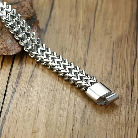 Bracciale A Catena Larga Da Uomo Acciaio Inossidabile Doppio Strato Trama Grano Punk Hip Hop Gioielli