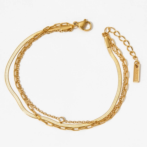 Stainless Steel Multi Layer Bracelet For Women Waterproof PVD Plated Cubic Zirconia Snake Paperclip Chain Minimalist Fashion