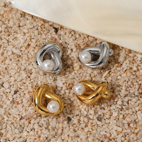 Boucles d'Oreilles Clous Nœud en Acier Inoxydable 316 pour Femmes Design Torsadé Élégant Avec Perle Artificielle Or Argent