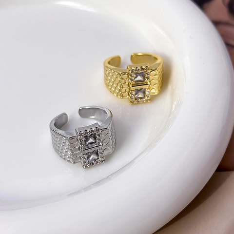 Doppel Quadrat Zirkonia Breiter Ring Titanstahl Wabenmuster Größenverstellbar Punk Hip Hop Schmuck Unisex