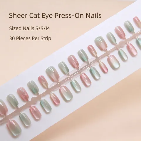 Press On Nails Pink Green Gradient Cat Eye Effect Short Ballet Shape Artificial False Nail Tips Glossy Sweet Style