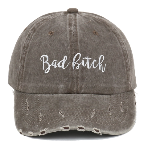 Bad Bitch Letter Embroidered Washed Cotton Baseball Cap Vintage Distressed Hole Sun Protection Adjustable Fashion Unisex Hat