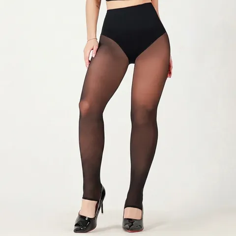 Women Plus Size High Waist Tummy Control Sheer Pantyhose Thermal Fleece Lined Winter Shaping Tights
