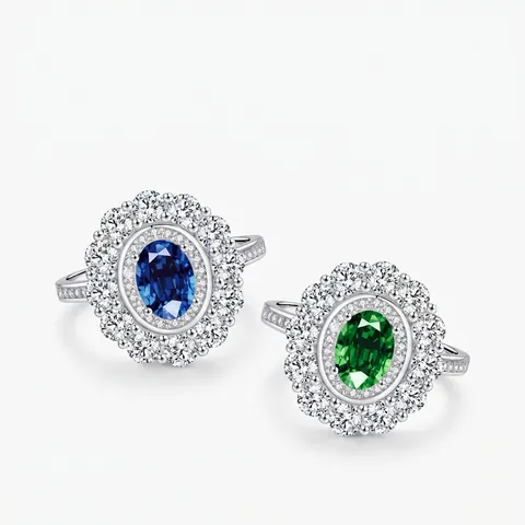Anello In Argento Sterling 925 Ovale Pietra Preziosa Blu Verde Doppio Halo Zircone Retrò Elegante Lusso Donne