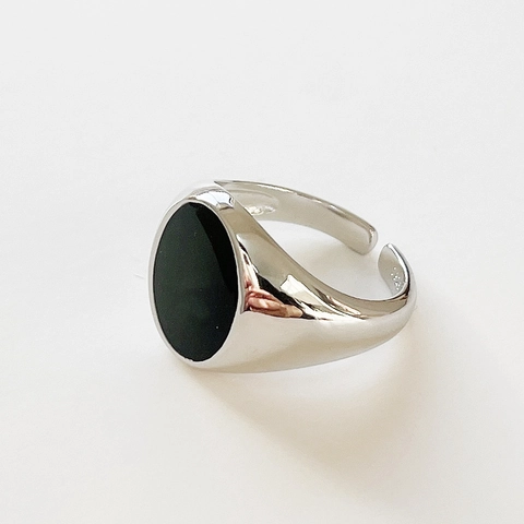 925 Sterling Silber Ring Mit Schwarzem Ovalen Emaille Vintage Verstellbar Offener Siegelstil Fingerschmuck