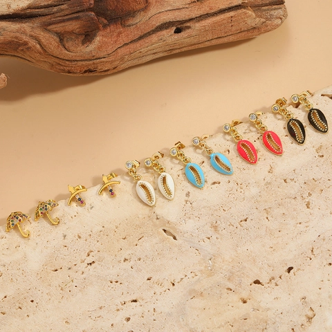 Vintage French Copper Zirconia Earrings Individual Shell Enamel Drop Earrings Small Umbrella Arrow Stud Earrings Women Jewelry