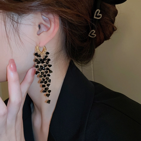 Lange Quasten Ohrringe Mit Silbernem Ohrstecker Kupfer Schwarz Kristall Goth Dark Style Für Frauen Mode Elegant