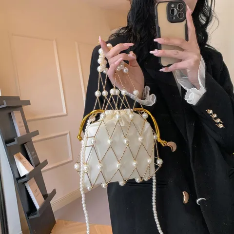 Künstliche Perlen Handtasche Mit Metallnetz Und Satin-Innenbeutel Elegante Gewebte Umhängetasche Für Damen