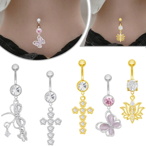 Zinc Alloy Rhinestone Belly Ring Cross Butterfly Lotus Navel Piercing Jewelry For Women Gold Silver Body Piercing Navel Stud