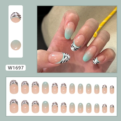 Uñas Postizas Degradado Verde Menta Estampado Leopardo Cebra Punta Francesa Forma Ovalada Plástico ABS Manicura