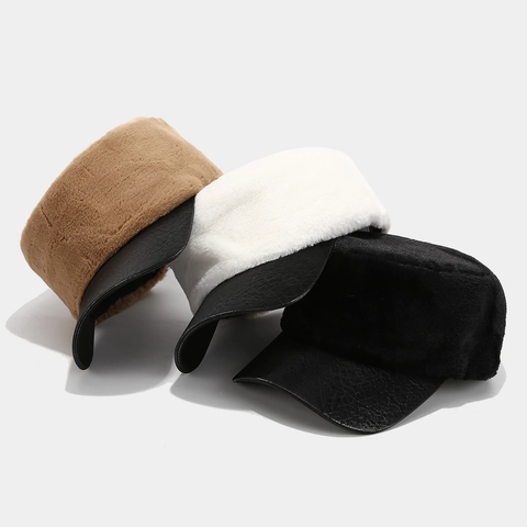 Plush Faux Fur Newsboy Hat With PU Leather Brim Winter Warm Flat Top Navy Cap For Women Fashion Retro Streetwear