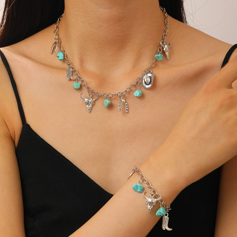Ensemble de Bijoux Rétro Western Cowboy Alliage Turquoise Tête de Taureau Chapeau Botte Pendentif Collier Bracelet Boucles d'Oreilles