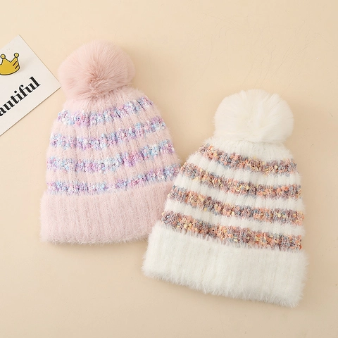 Kids Winter Knit Beanie Hat Acrylic Plush Lined Warm Thickened Colorful Striped Pom Pom Outdoor For Girls