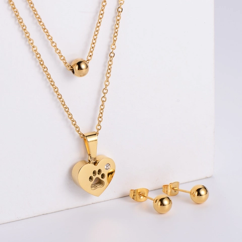 Double Layer Necklace And Ball Stud Earrings Stainless Steel Heart Paw Print Pendant Rhinestone For Women Jewelry Collection