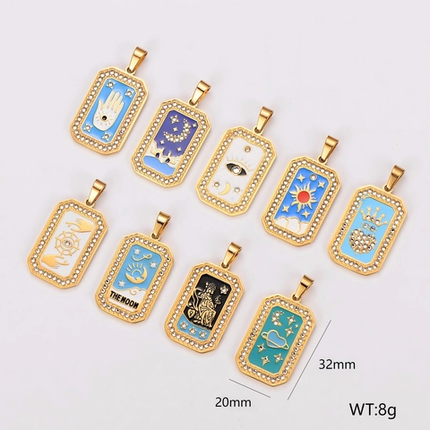 Collier Pendentif Carte De Tarot Vintage Acier Inoxydable 304 Plaqué Or 18K Émail Strass Bijoux Mystiques Rétro Femmes