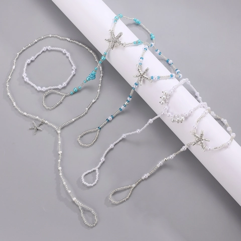 Chevillère Sandale Pieds Nus Bohême Étoile de Mer Künstliche Perle d'Imitation Bijoux de Plage Alliage Strass Bleu Blanc Chaîne de Pied