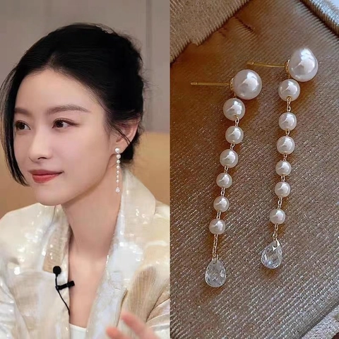 Lange Kwastje Faux Kunstparel Druppel Oorbellen Frans Retro Elegant Waterdruppel Zirkonia Met Zilveren Oorbel Post Voor Vrouwen