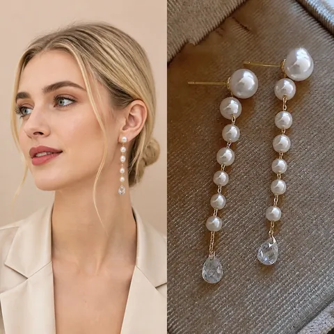 Lange Quasten Kunstperlen Tropfen Ohrringe Französisch Retro Elegant Wassertropfen Zirkonia Mit Silbernem Ohrstecker Damen
