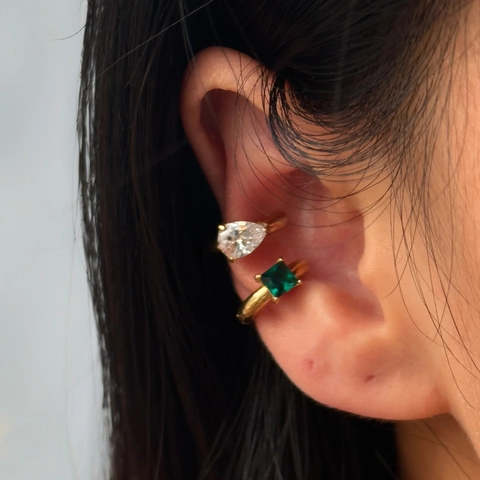 Geometrische Huggie Ohrringe Ear Cuffs Edelstahl 18K Vergoldet Quadratisch Smaragdgrün Birne Weiß Zirkonia Retro Ins Stil Frauen