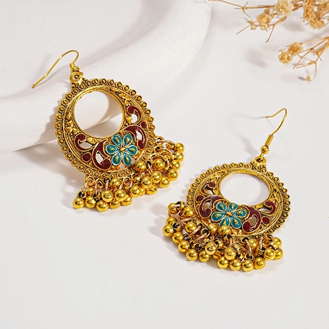 Pendientes Colgantes Vintage Étnicos Flor Hueca Redonda Aleación Esmalte Borla Cuentas Metal Para Mujeres