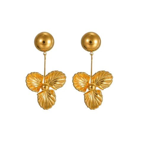 18K Gold Plated Stainless Steel Three Petal Flower Drop Earrings Elegant Floral Dangle Stud Earrings For Women Jewelry