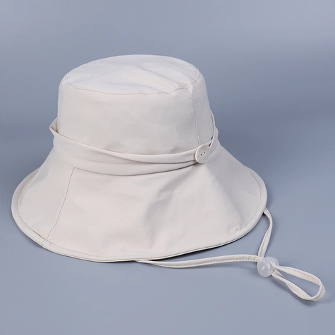 Women Wide Brim Bucket Hat Polyester Spandex Blend Windproof Adjustable Cord Breathable Foldable Sun Hat Button Decor