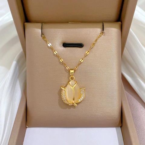 Tulp Hanger Ketting Met Kattenoog Steen Zirkoon Roestvrijstalen Ketting Koper Licht Luxe Sieraden Voor Dames Elegant