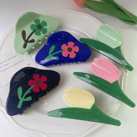 Pinzas Para El Cabello Flor De Tulipa De Acetato Vintage Color En Contraste Pinzas Florales Gorros Para Mujeres