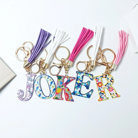 Alphabet Buchstabe Initialen Schlüsselanhänger Zinklegierung Blumenmuster Mit PU Leder Quaste Taschenanhänger Boho Stil